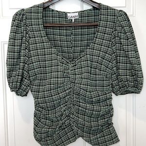 NWOT Ganni Stretch Searsucker Blouse Mini Check Green Bay Size 8/10 EU 40